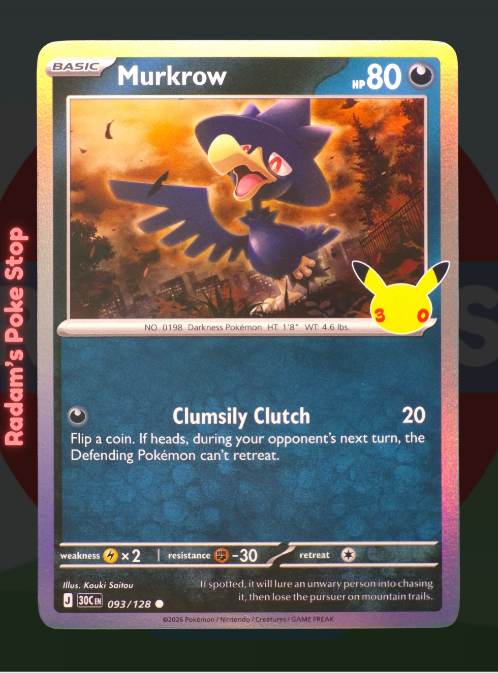 Murkrow 093/128, 30th Celebrations, Holo Common presented by Pokémon TCG. 