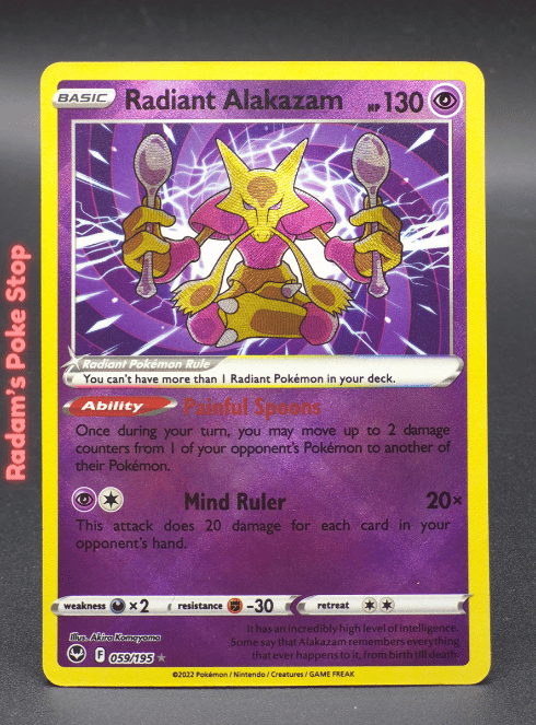 Radiant Alakazam 059/195, Silver Tempest, Radiant Rare presented by Pokémon TCG. 