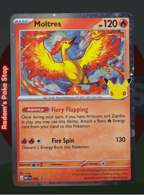 Moltres MEP 096, 30th Celebrations, Black Star Promo presented by Pokémon TCG. 