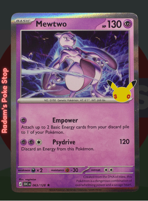 Mewtwo 063/128, 30th Celebrations, Holo Rare presented by Pokémon TCG. 
