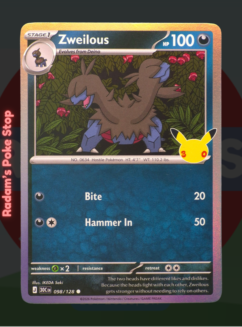 Zweilous 098/128, 30th Celebrations, Holo Common presented by Pokémon TCG. 