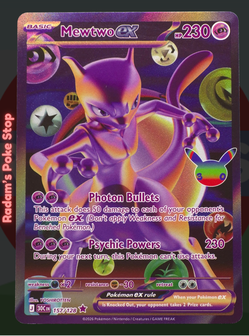 Mewtwo ex 157/128, 30th Celebrations, Future Ultra Rare presented by Pokémon TCG. 