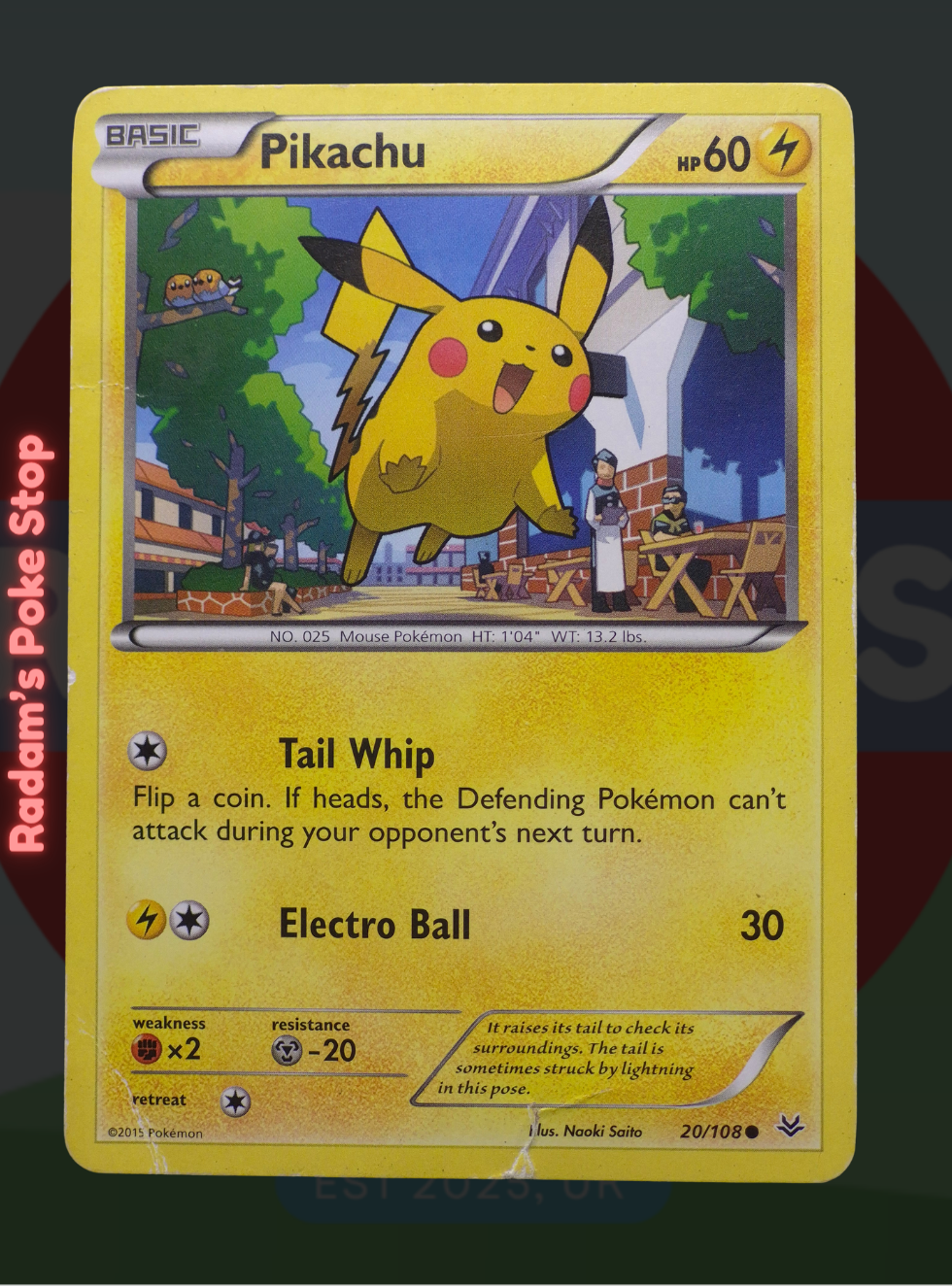 Pikachu 20/108 XY: Roaring Skies, common from the Pokémon TCG.