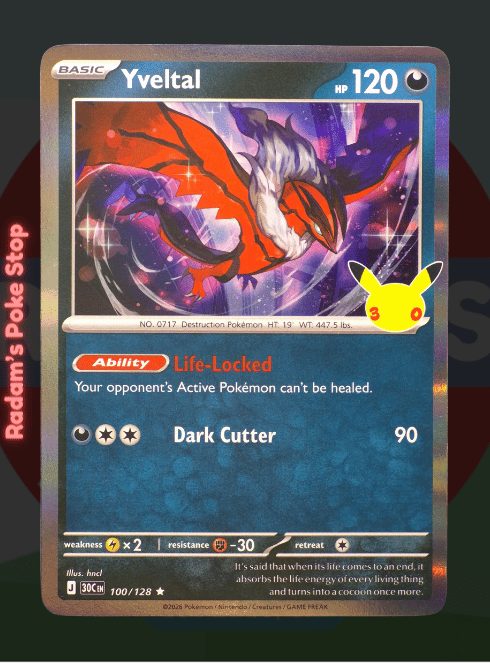 Yveltal 100/128, 30th Celebrations, Holo Rare presented by Pokémon TCG. 