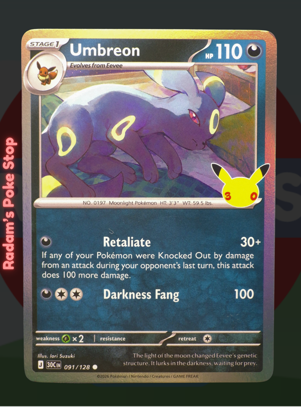 Umbreon 091/128, 30th Celebrations, Holo Common presented by Pokémon TCG. 