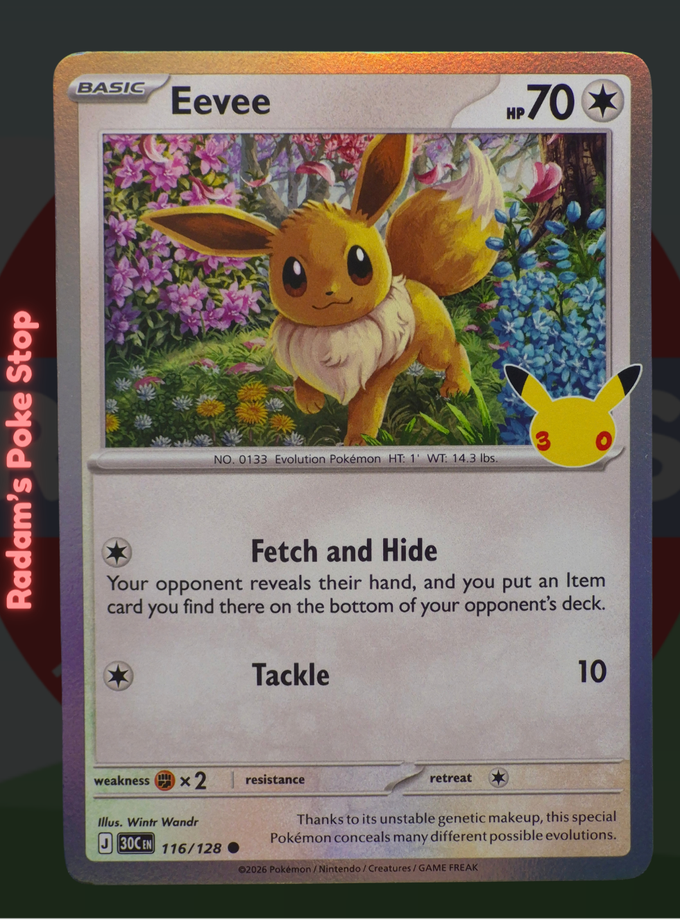 Eevee 116/128, 30th Celebrations, Holo Common presented by Pokémon TCG. 