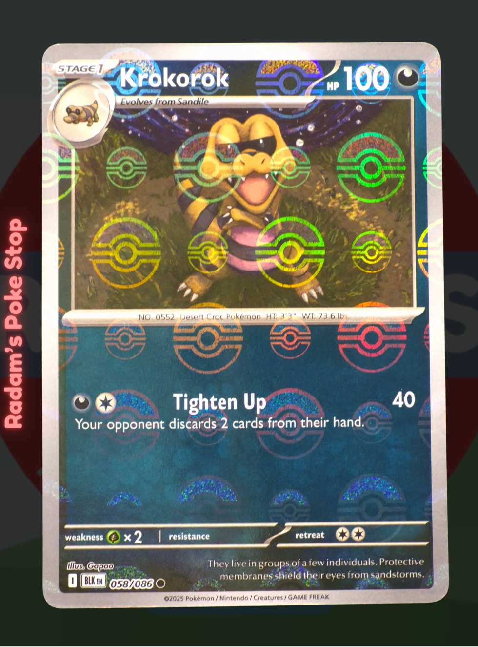 Krokorok 058/086, Black Bolt, Poke Ball Holo presented by Pokémon TCG. 