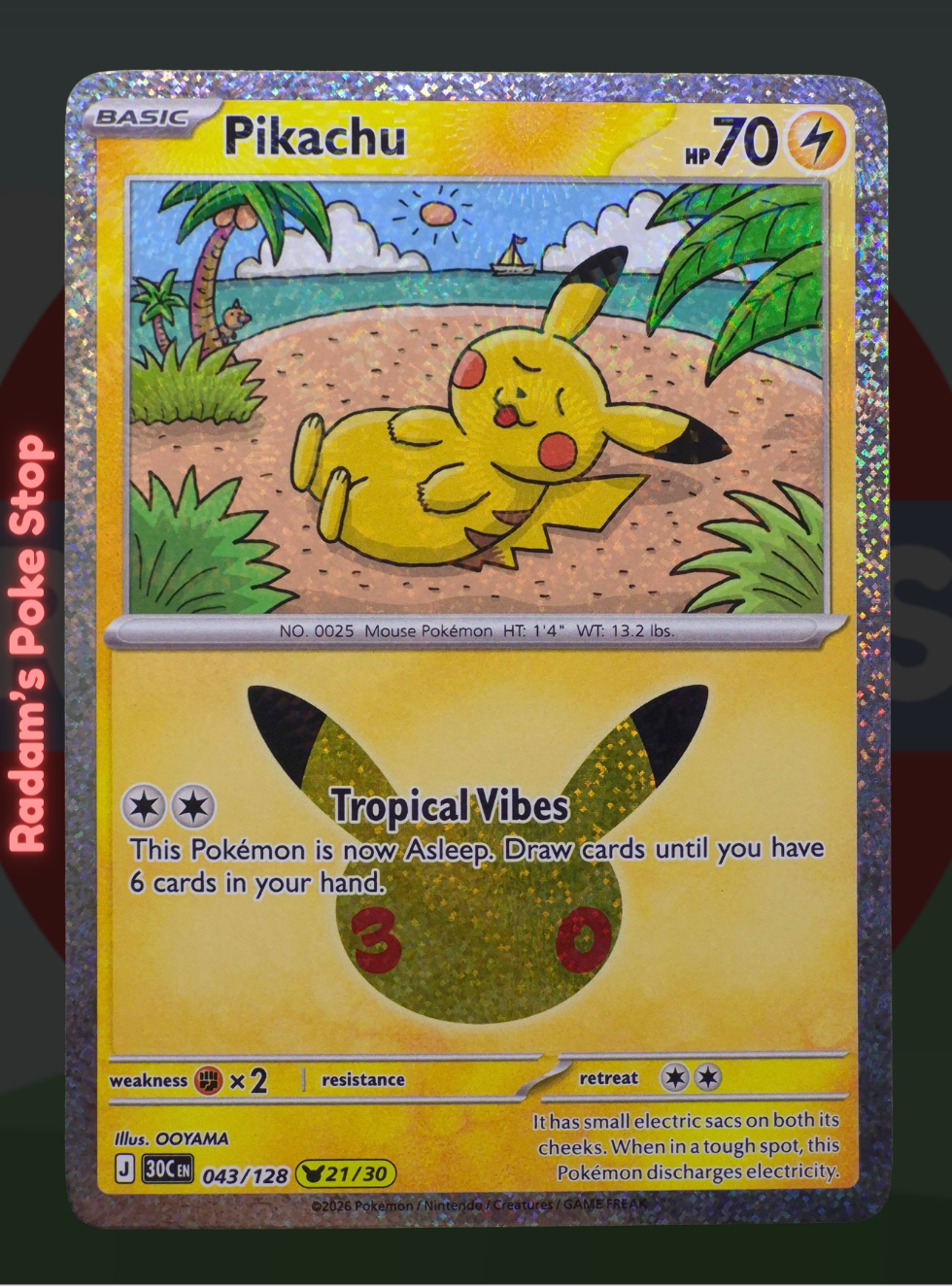Pikachu 21/30 043/128, 30th Celebrations, Pikachu Rare Subset presented by Pokémon TCG. 