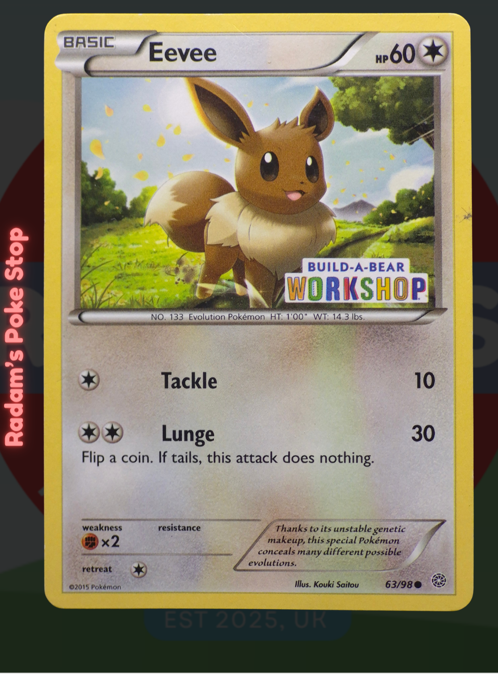 Eevee 63/98, Build-A-Bear Promo, Anicent Origins presented by Pokémon TCG. 