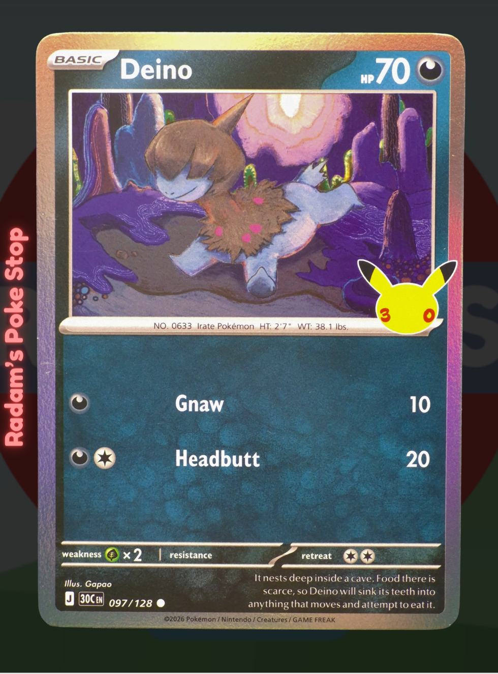 Deino 097/128, 30th Celebrations, Holo Common presented by Pokémon TCG. 