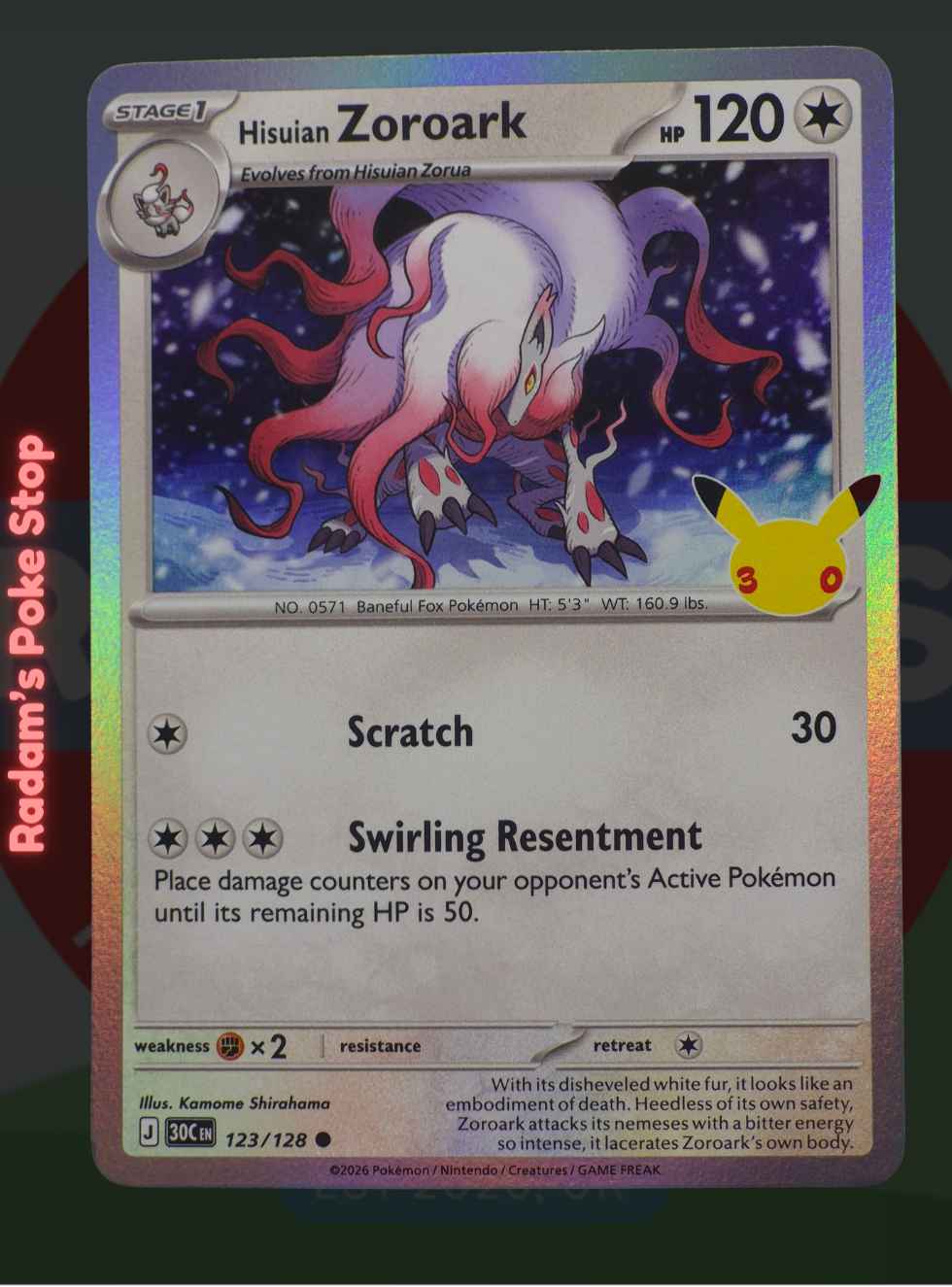 Hisuian Zoroark 123/128, 30th Celebrations, Holo Common presented by Pokémon TCG. 