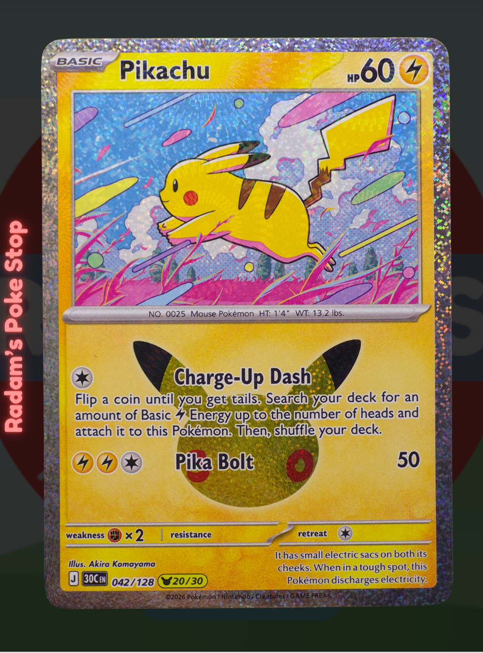 Pikachu 20/30 042/128, 30th Celebrations, Pikachu Rare Subset presented by Pokémon TCG. 