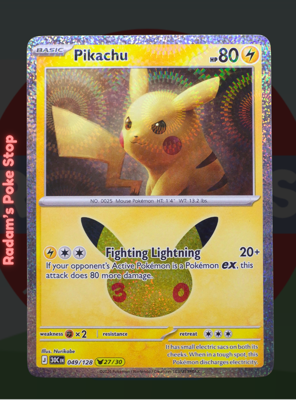 Pikachu 27/30 049/128, 30th Celebrations, Pikachu Rare Subset presented by Pokémon TCG. 