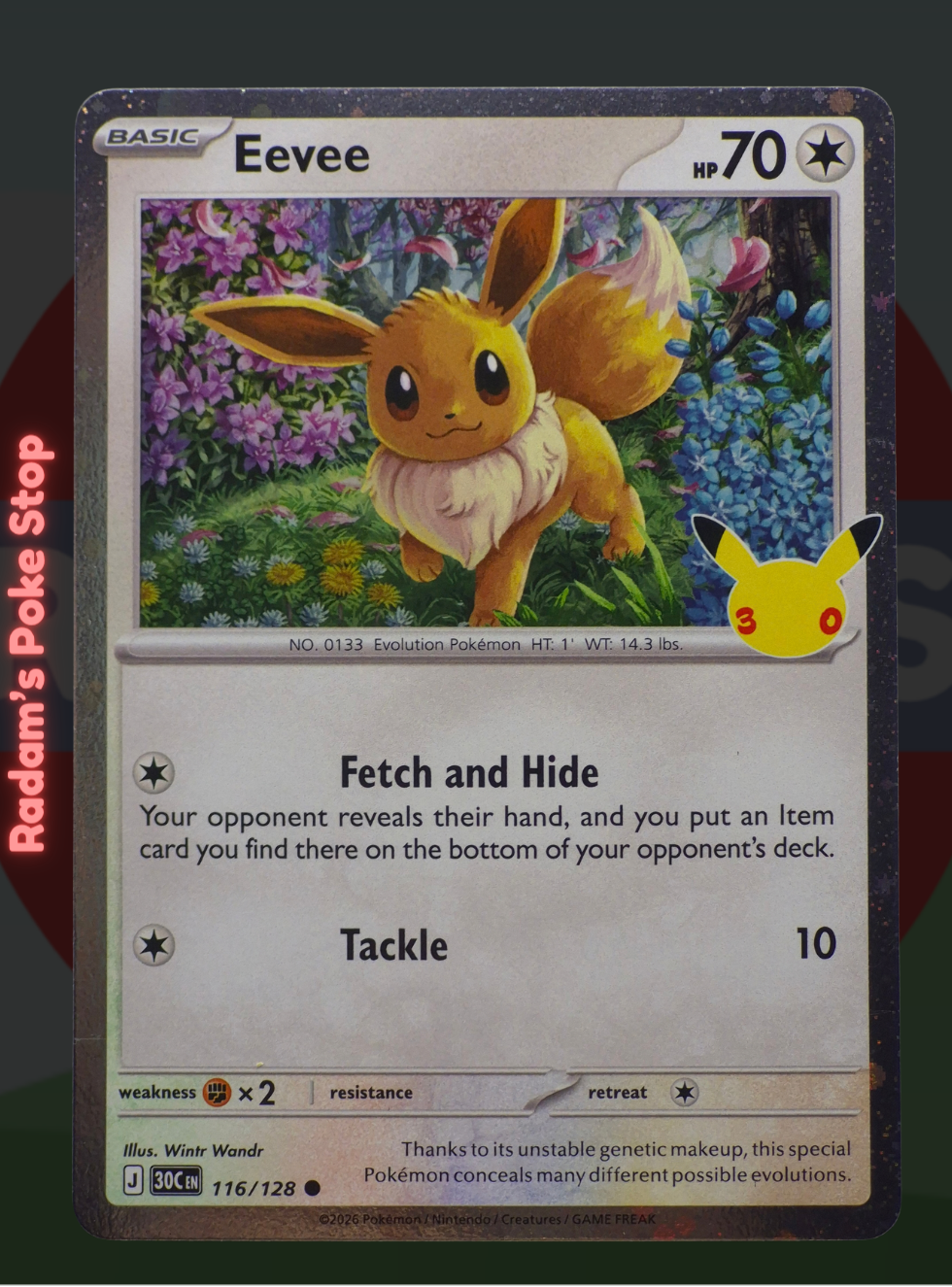 Eevee 116/128, 30th Celebrations, Cosmos Holo Promo presented by Pokémon TCG. 