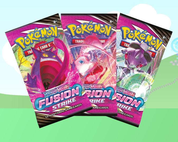 3 fusion strike pokemon booster packs overlapped set on a graphic design of a landscape with hills