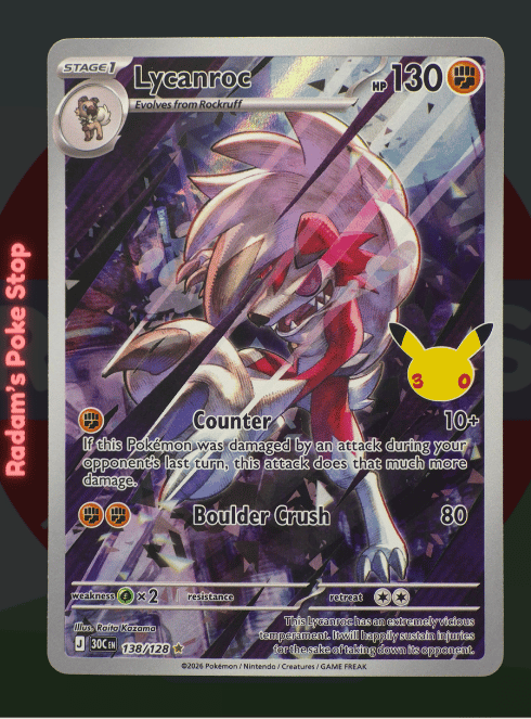 Lycanroc 138/128, 30th Celebrations, Illustration rare presented by Pokémon TCG. 