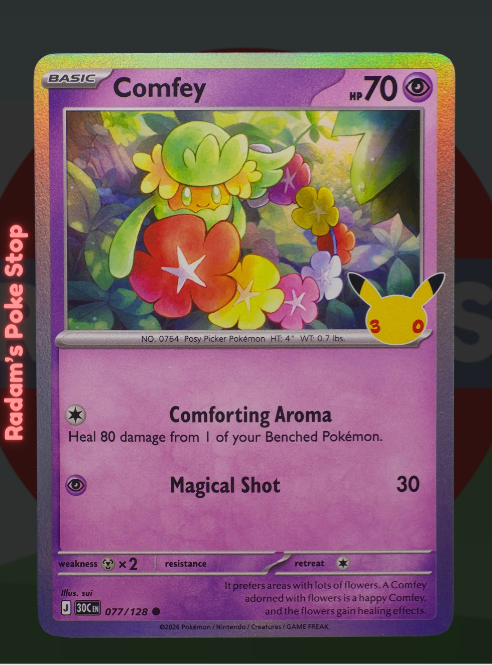 Comfey 077/128, 30th Celebrations, Holo Common presented by Pokémon TCG. 