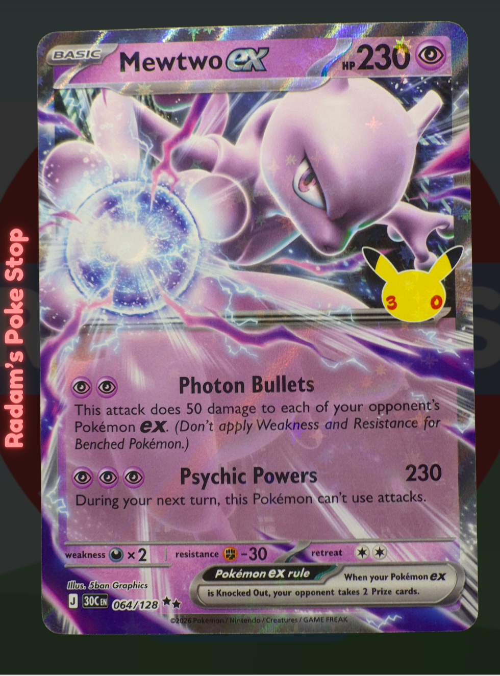 Mewtwo ex 064/128, 30th Celebrations, Double rare presented by Pokémon TCG. 
