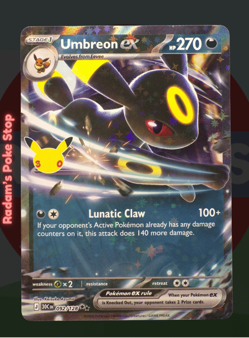 Umbreon ex 092/128, 30th Celebrations, Double rare presented by Pokémon TCG. 