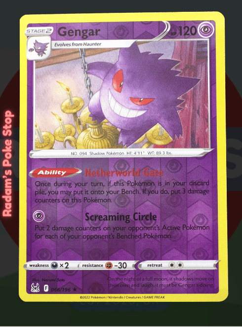 Gengar 066/196, Lost Origin, Reverse Holo Rare, presented by Pokémon TCG. 