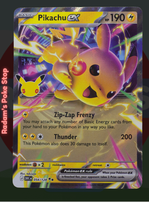 Pikachu ex 054/128, 30th Celebrations, Double rare presented by Pokémon TCG. 