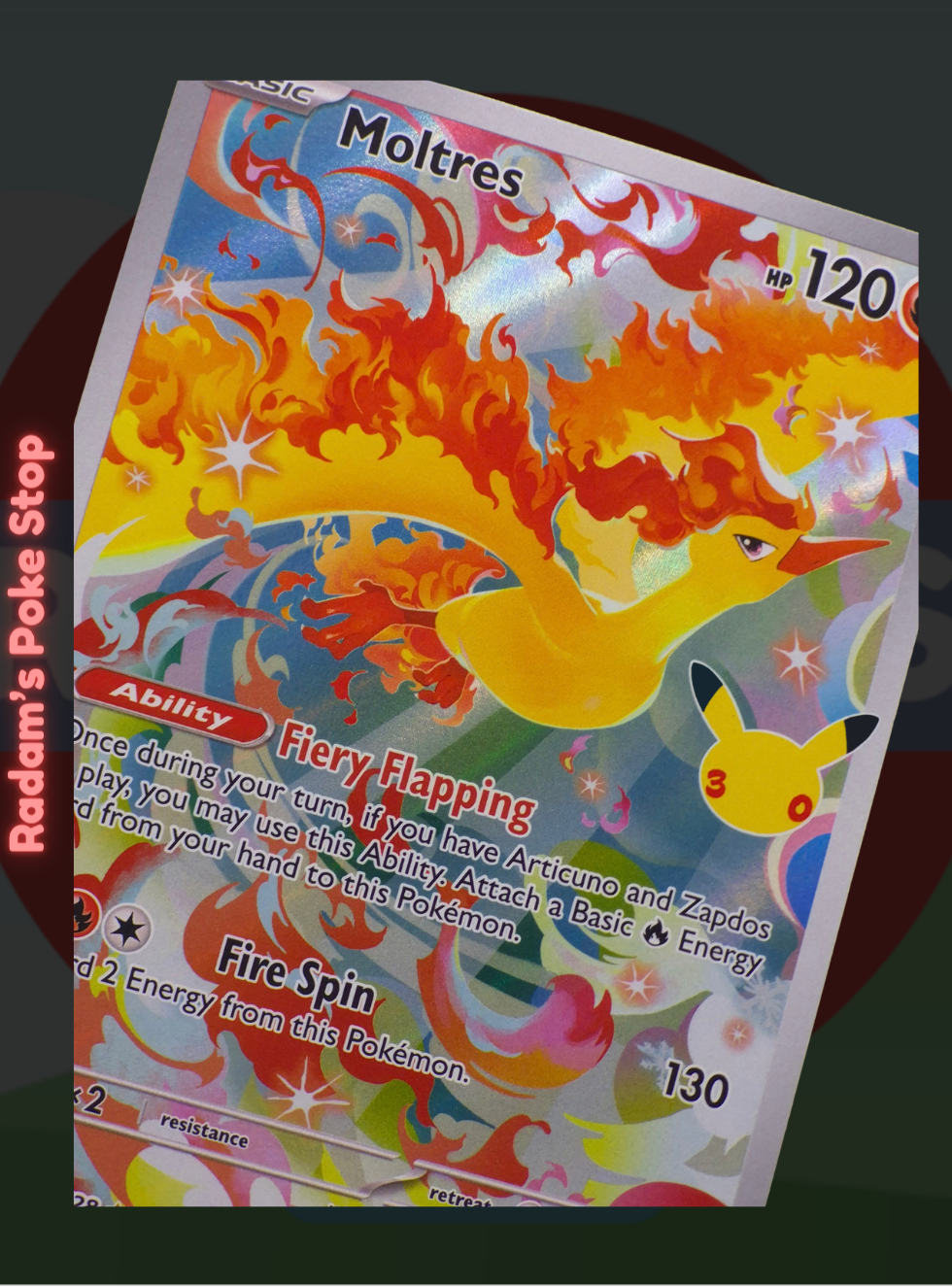 Moltres 130/128, 30th Celebrations, Illustration rare presented by Pokémon TCG. 