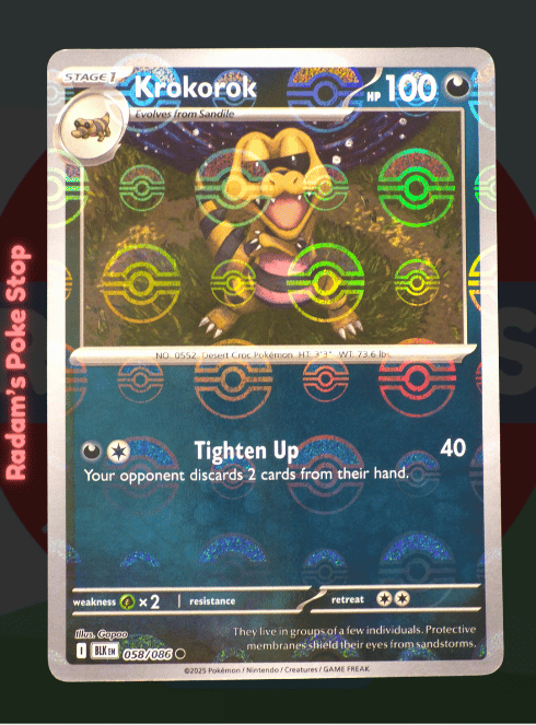Krokorok 058/086, Black Bolt, Poke Ball Holo presented by Pokémon TCG. 