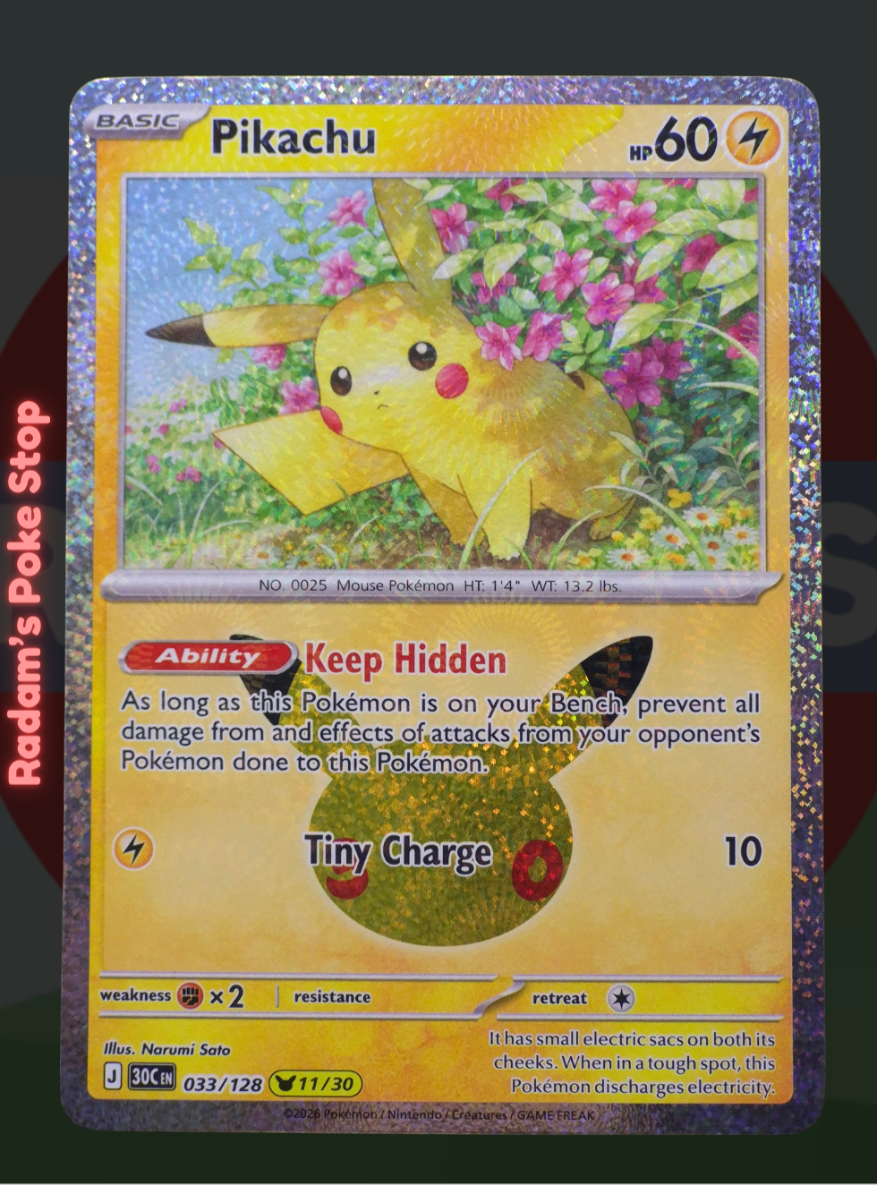 Pikachu 11/30 033/128, 30th Celebrations, Pikachu Rare Subset presented by Pokémon TCG. 