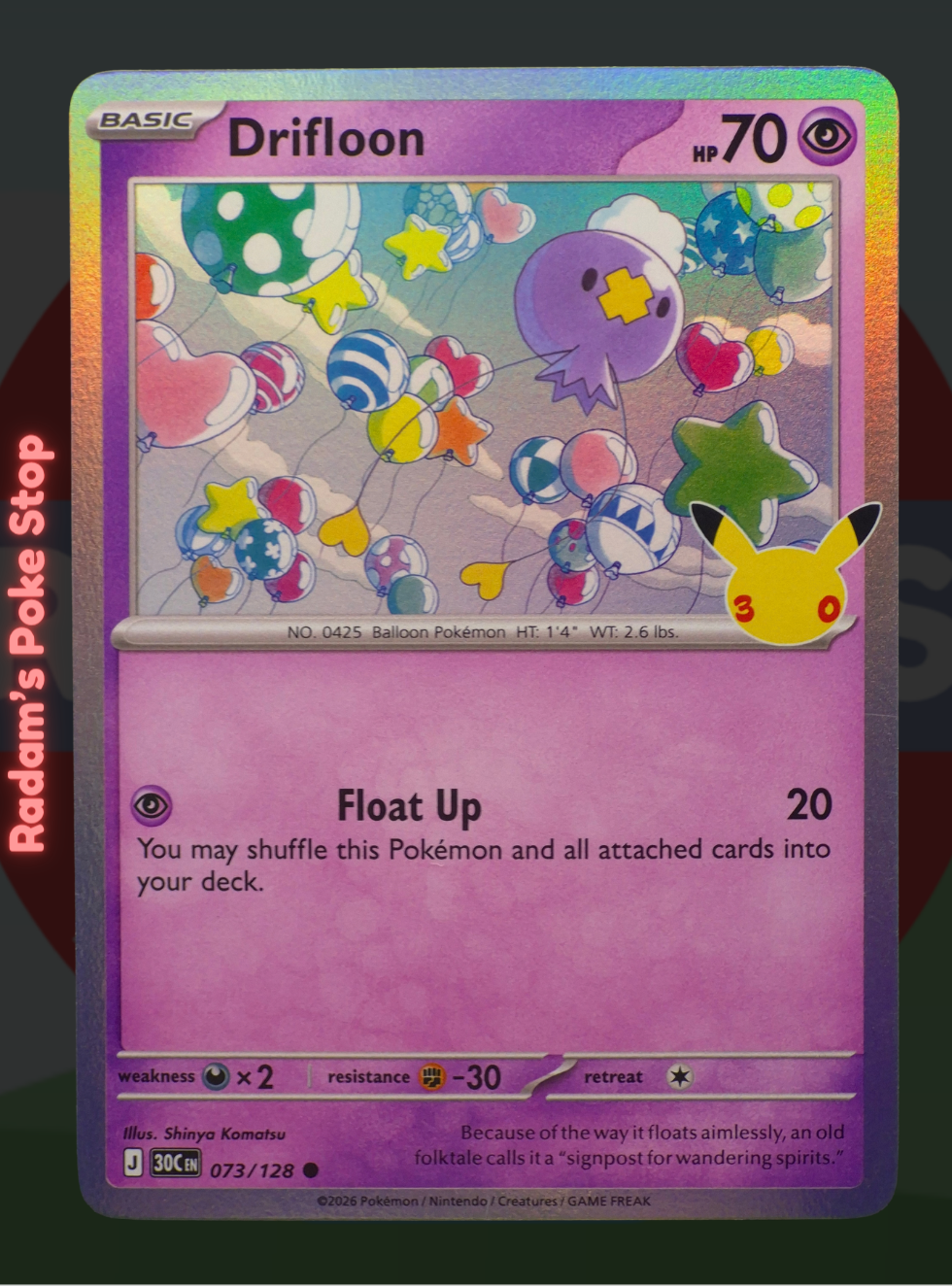 Drifloon 073/128, 30th Celebrations, Holo Common presented by Pokémon TCG. 