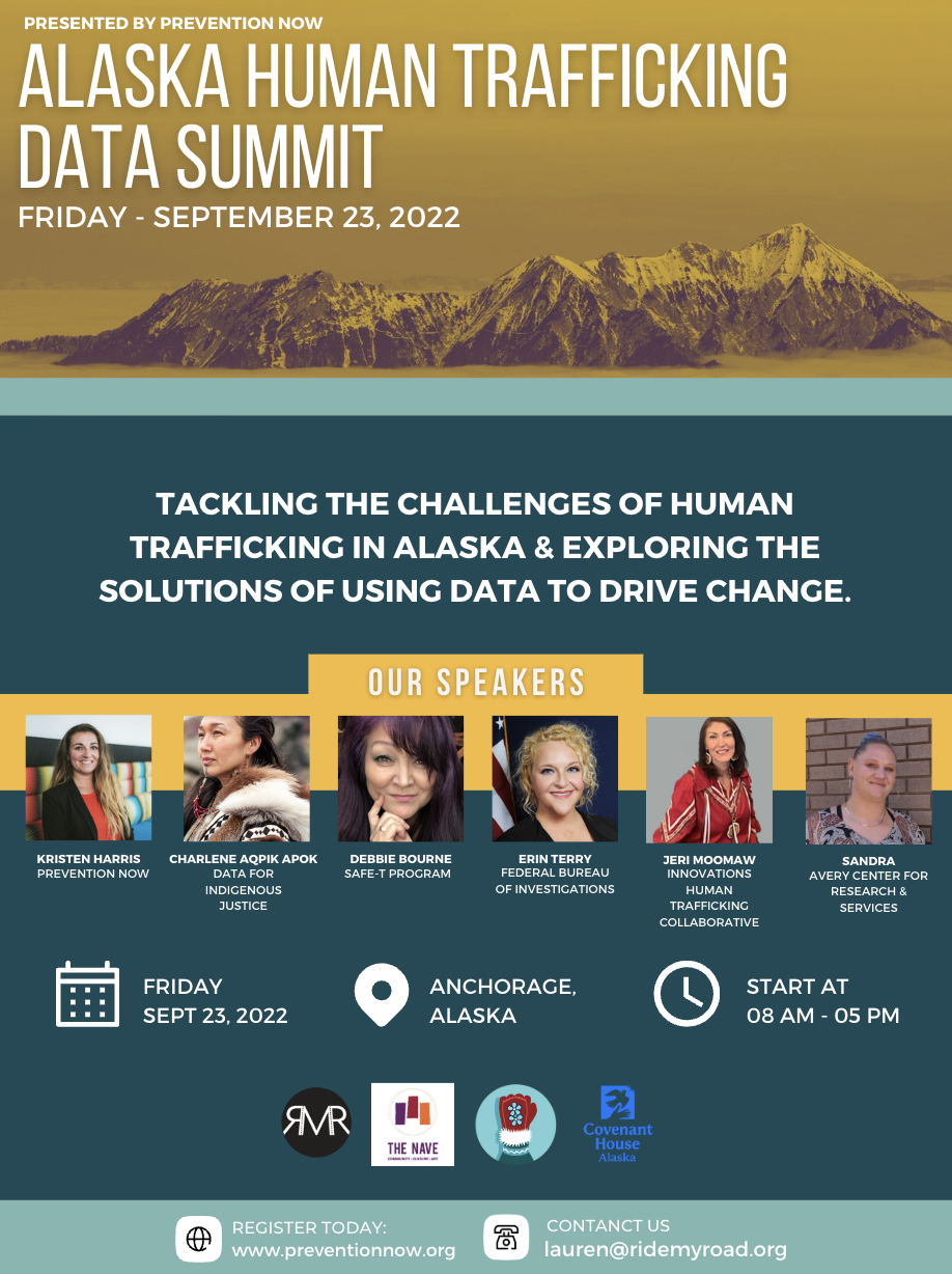 Poster for the Alaska Human Trafficking Data Summit on September 23, 2022, featuring mountain landscape and information about speakers, location, and schedule.
