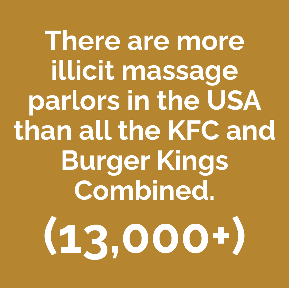 Text graphic with a gold background that states, 'There are more illicit massage parlors in the USA than all the KFC and Burger Kings combined. (13,000+)'