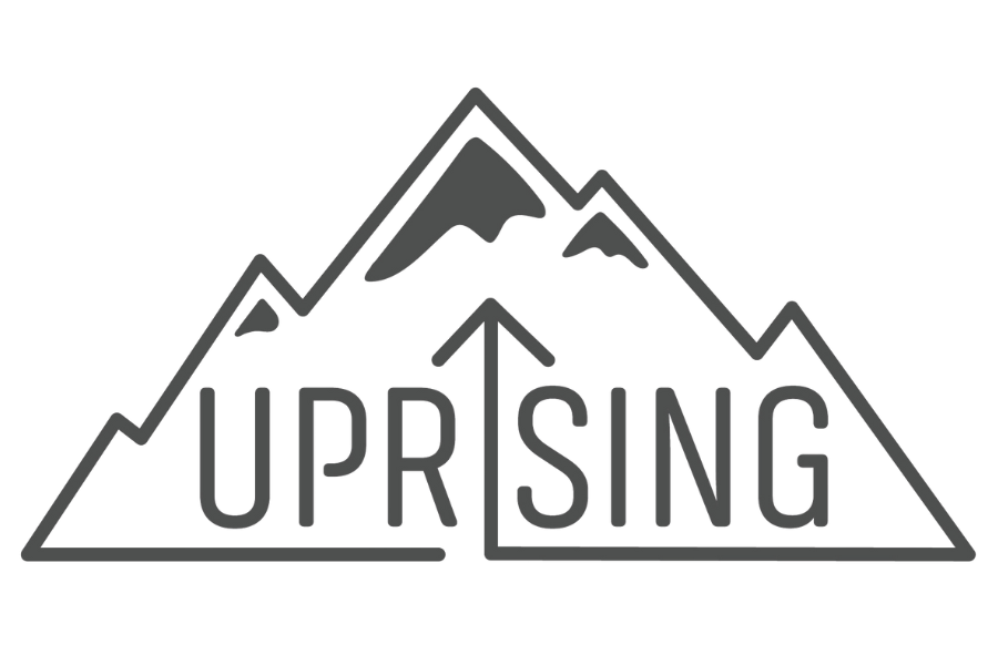 A mountain outline with the word "UPRISING" inside, with an upward arrow through the middle.