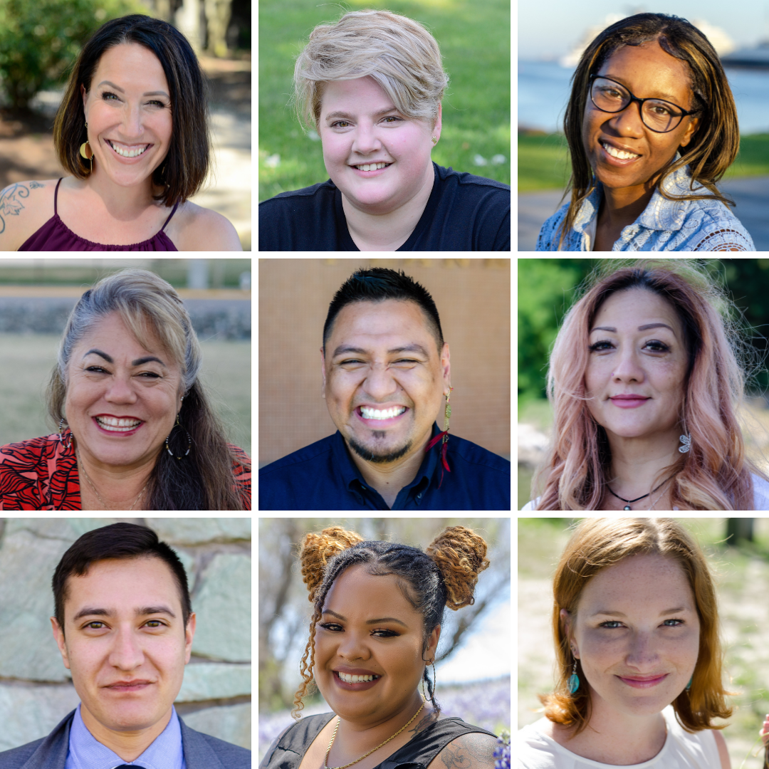 Collage of nine diverse smiling people outdoors, with different backgrounds and appearances.