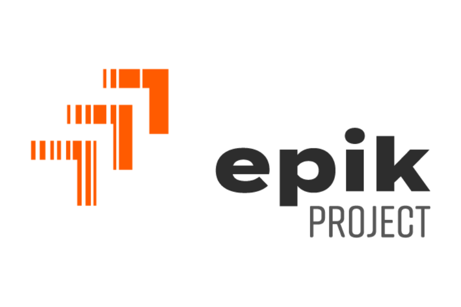 Logo for Epik Project featuring an abstract orange hand pointing downward and to the left, with the text 'epik PROJECT' in black.