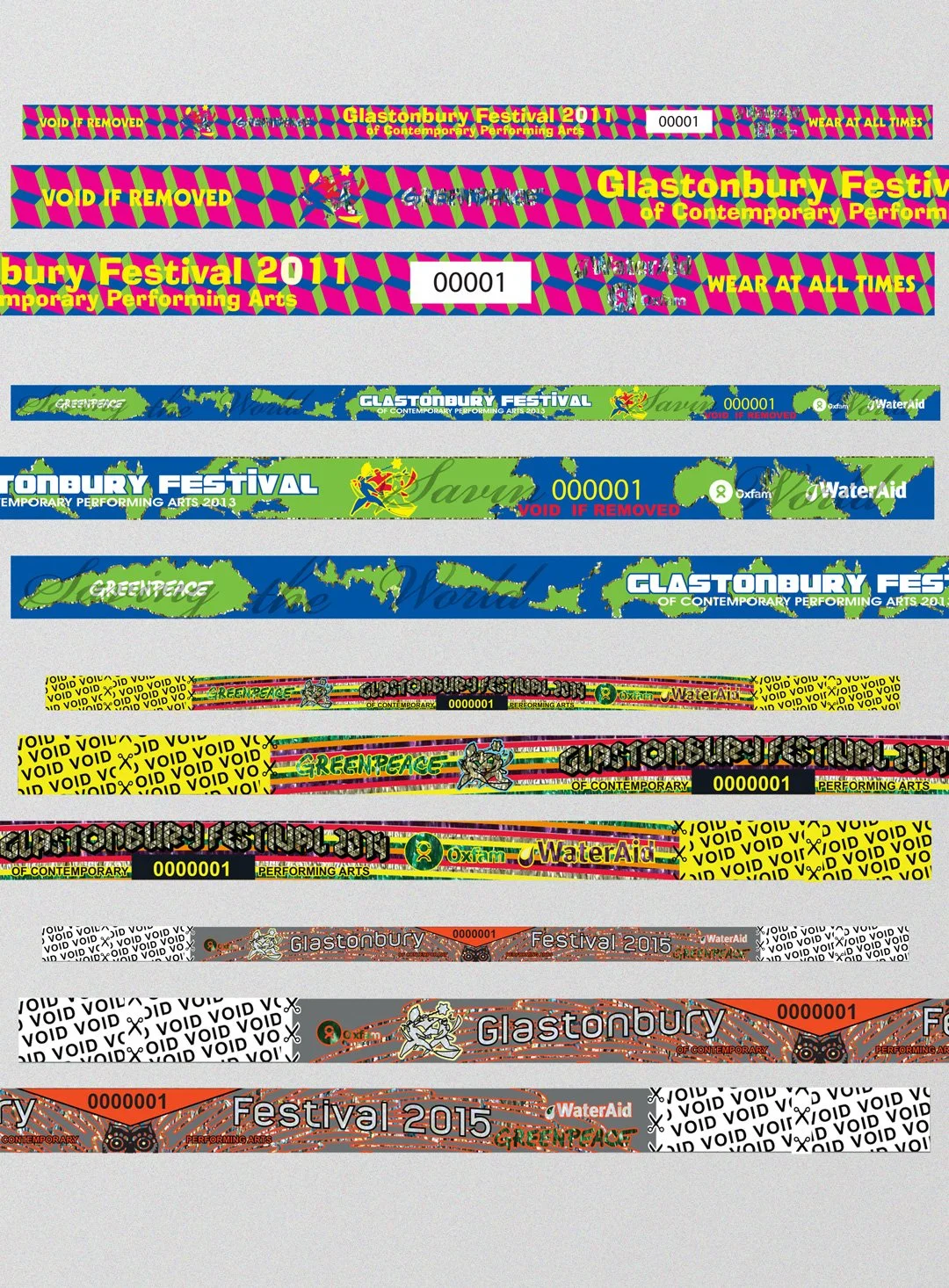 Multiple colorful festival wristbands with designs and logos, including Greenpeace, WaterAid, and Glastonbury Festival, arranged on a gray background.