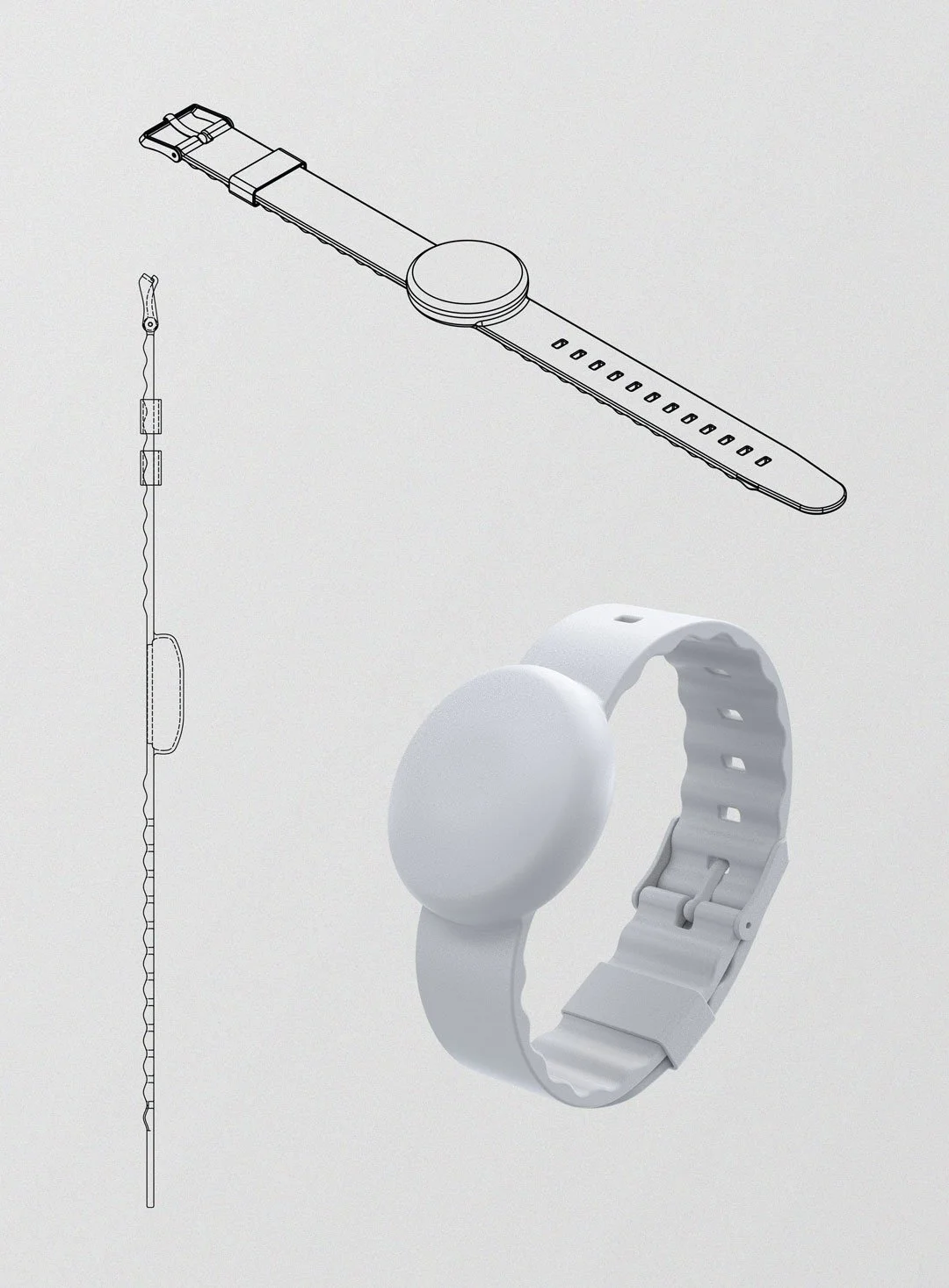 A digital drawing of a smartwatch and a white wristband with a round face, along with a side view of the wristband and a close-up of a small part of the band.
