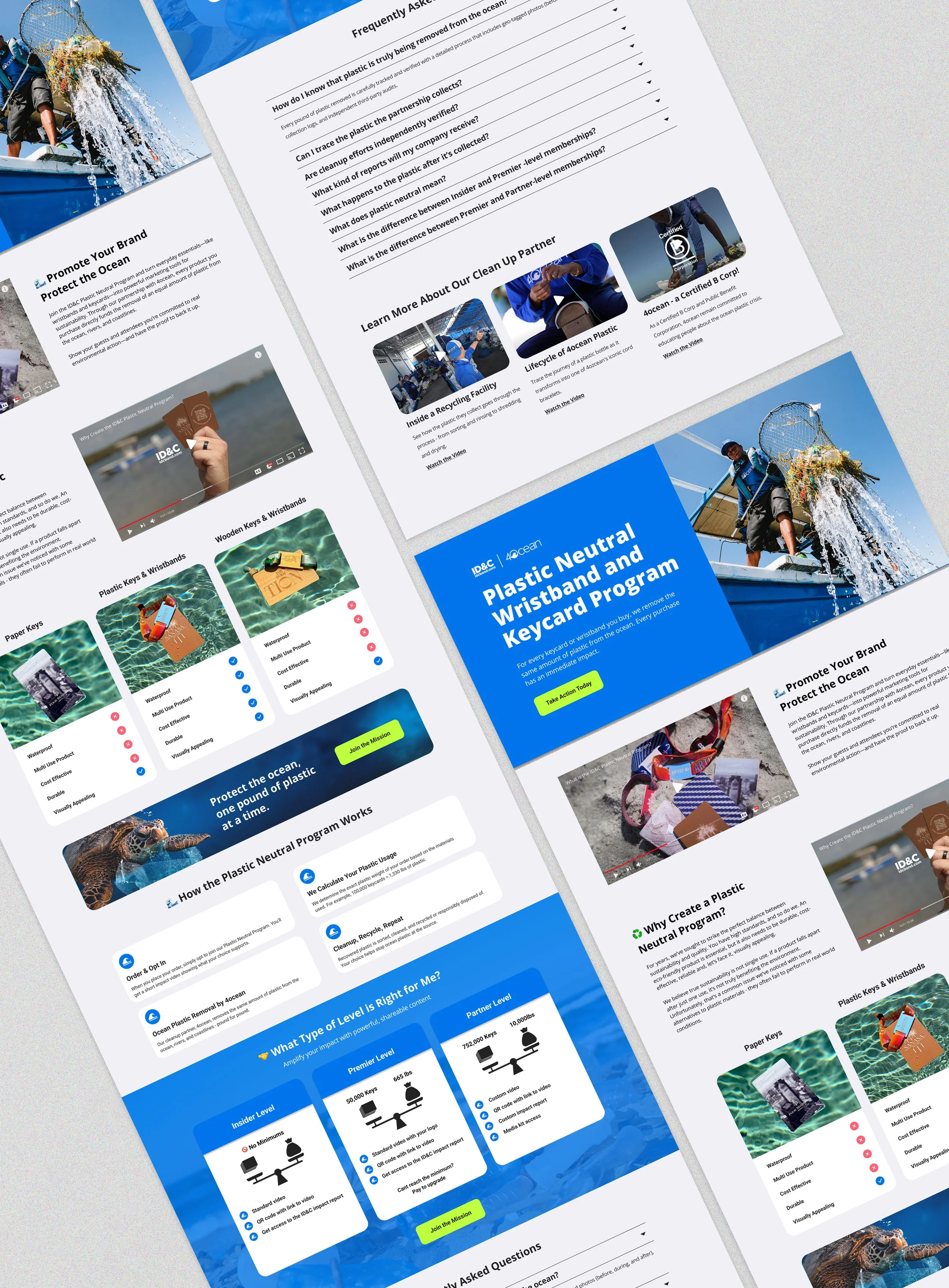 Promotional flyer for ID&C and 4ocean's Plastic Neutral Wristband and Keycard Program, featuring a person on a boat releasing plastic debris into the ocean, with sections on program details, benefits, and impact.