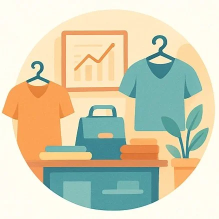 Illustration of a clothing store display with two shirts, a plant, a table with folded clothes, a bag, and a chart showing an upward trend in the background.