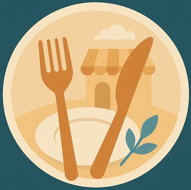 A graphic of a plate with a fork and knife, a small house with an awning, and a sprig of leaves, suggesting a dining or restaurant theme.