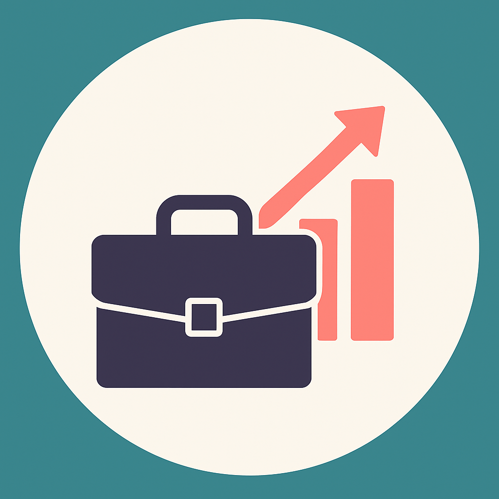 A briefcase with upward trending bar chart and arrow indicating growth or success.