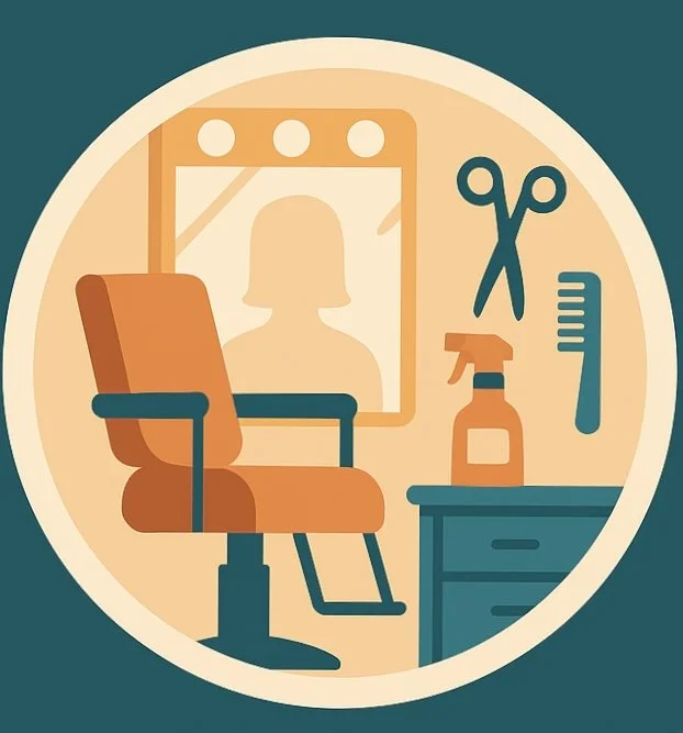 An illustration of a salon or barber chair with a mirror, scissors, comb, and spray bottle on a side table.