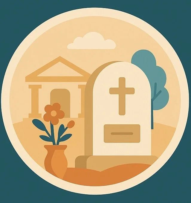 Illustration of a gravestone with a cross in a cemetery, with a vase of flowers and trees in the background.