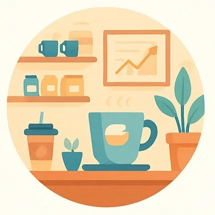 Illustration of a cozy coffee setup with a large mug, plant, coffee cup, jars on shelves, a takeaway coffee cup, and a framed chart with an upward trend on the wall.