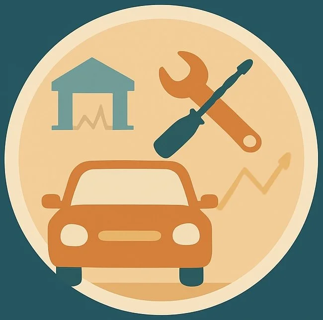 A graphic showing a house, a wrench and screwdriver, a car, and a rising arrow graph, symbolizing home maintenance, car repair, and growth.