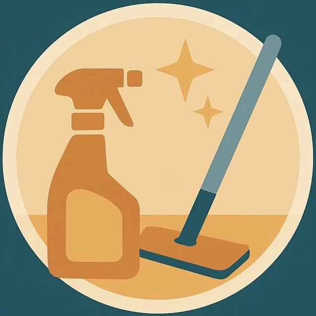 Cleaning spray bottle and mop with shining stars indicating cleaning.