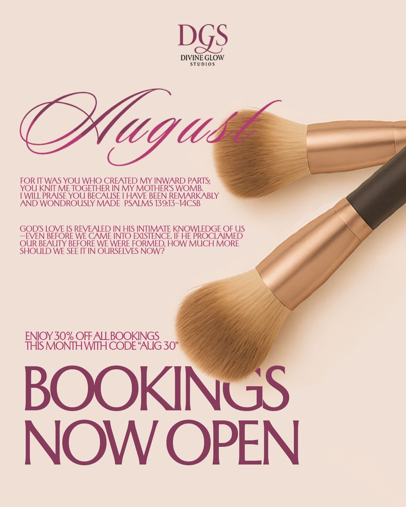 Happy New Month beauties, head over to our bio to secure your appointment for this month.

Can&rsquo;t wait to glam you! 💄 ✨
#augustslots #DGS #gatineauottawa #makeupbookings