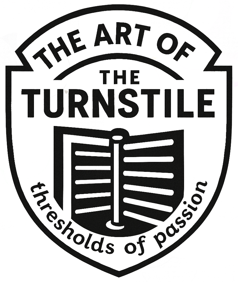 A black and white logo for the art of the turnstile, featuring an open turnstile gate in the center, with the text "The Art of the Turnstile" above and "meshols of passion" below, enclosed in a shield-shaped outline.