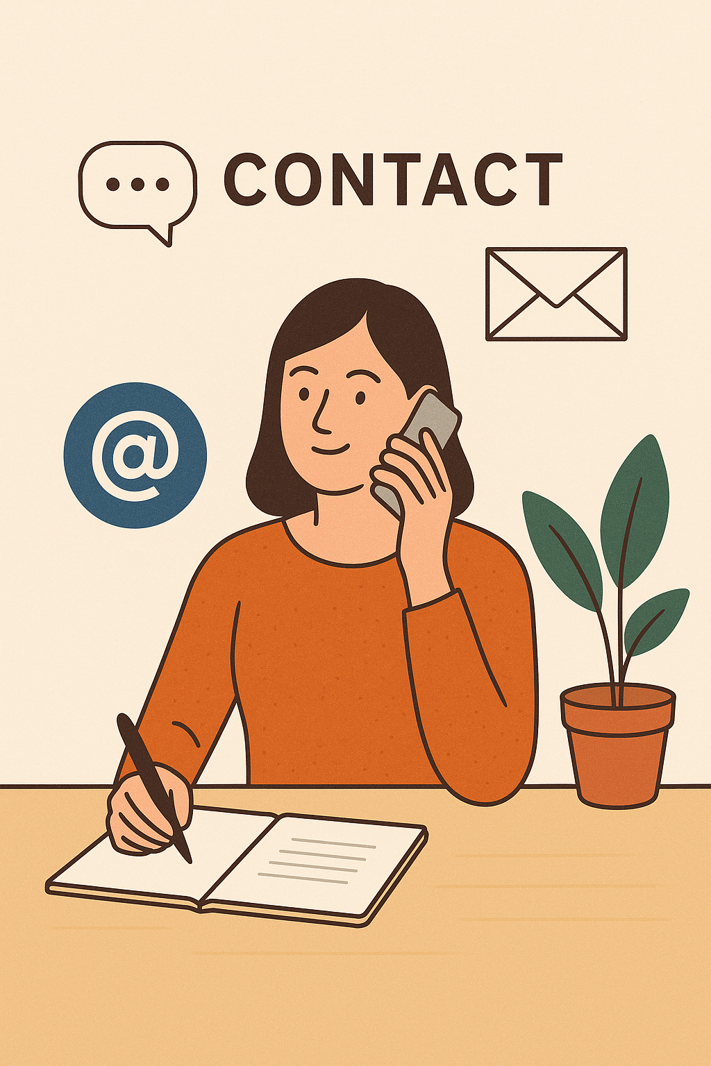 Illustration d'une femme assise à un bureau, parlant au téléphone, avec des icônes de contact comme une bulle de chat, une enveloppe, le symbole @, et le mot « CONTACT » dans le fond.