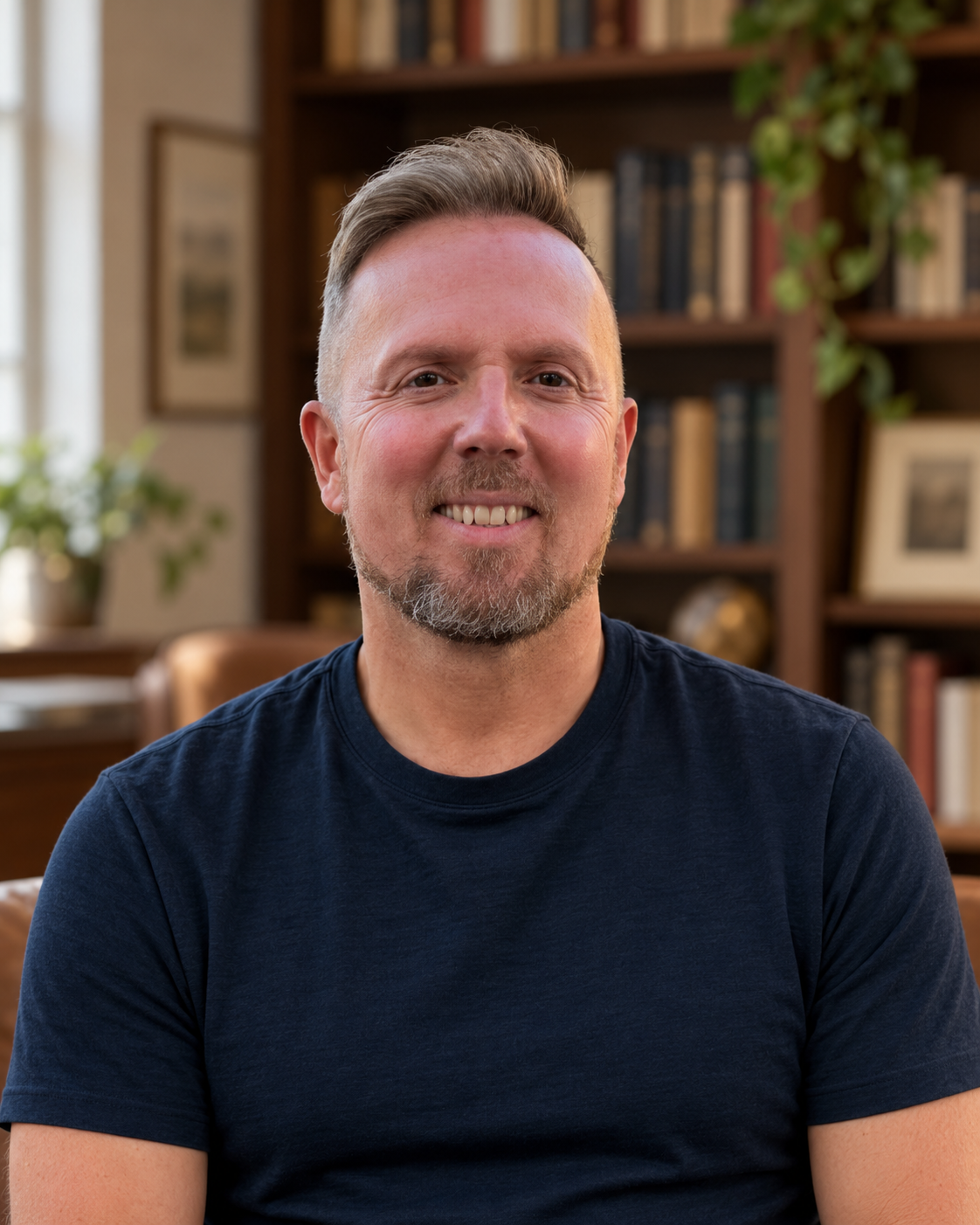 Steve Clark, author of You and I, smiling in front of softly blurred bookshelves
