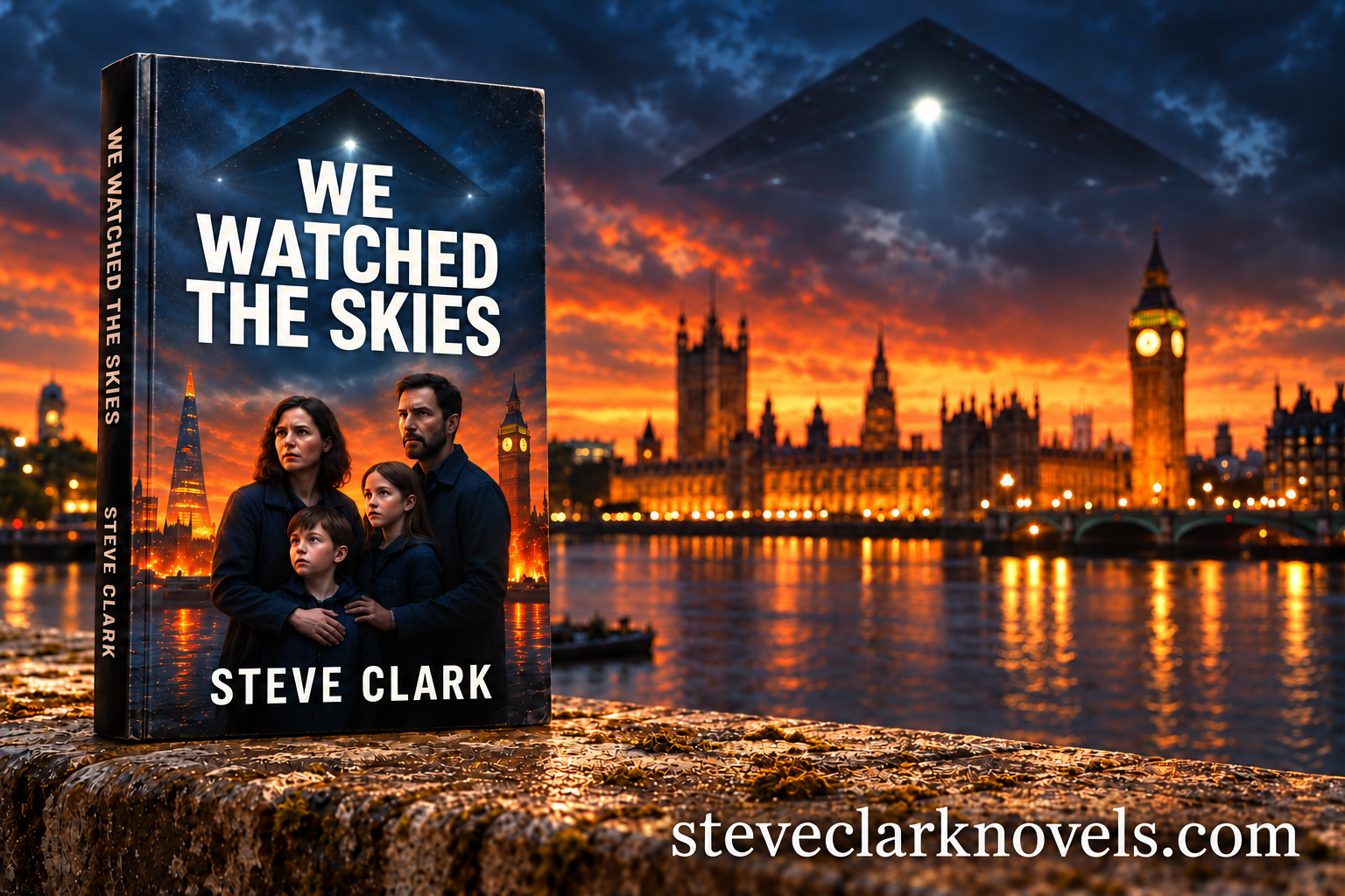 We Watched the Skies by Steve Clark resting on a stone wall overlooking Westminster and the Thames.